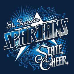 three color state cheer t-shirt design.  Mascot name on angle with shading in 3 colors placed over a large star.  Shaded background with burst, haltones and foliage.