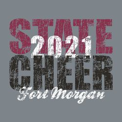 three color state cheer t-shirt design with heavy distress pattern.  Large block lettering, STATE CHEER stacked with year over word state.  Alternating colors.   Script team name at bottom.