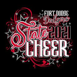 Three color State Cheer t-shirt design with large swirsl in the background and stars.