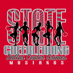 three color state cheer design with large word STATE behind five posing cheerleaders.  Swirl inside word state.  Script team name at bottom.  Mascot name below that.