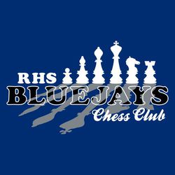 three color chess club t-shirt design.  Row of chess pieces with long shadows.  Large mascot name in through shadows.  Chess Club in script at the bottom.