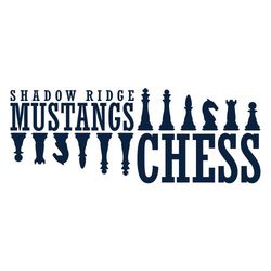 One color chess club t-shirt design with row of chess pieces. Same pieces are flipped horizontal and verticle.  in upper left corner school and mascot name stacked.  Large word chess in lower right.