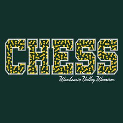 three color chees club design.  Large word CHESS with small chess piece pattern inside letters.  Script school and mascot name small at lower right.