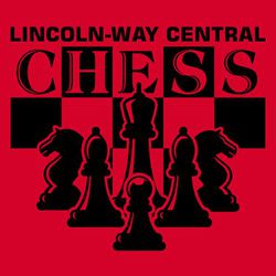 one color chess t-shirt graphic.  School name smaller at the top.  Large word CHESS with letters alternating in color in board squares. Large mirrored chess pieces at the bottom.