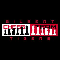 two color chess team t-shirt art.  Black pieces on white outline mirrored to the right as white pieces on red background.  Words CHESS TEAM in backgrounds.  School name (top) mascot name (bottom).