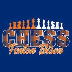 two color chess t-shirt design.  Chess pieces at top mirrored horizontally.  Very large word CHESS in plaid.  Script school and mascot name at bottom.