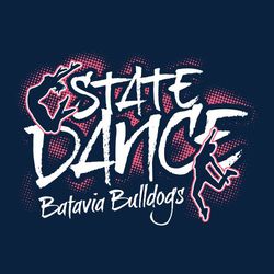 two color state dance t-shirt design with large "state dance" in brushed font style with shaded background.  Dancers on top left and lower right corner.  School and mascot name at bottom.