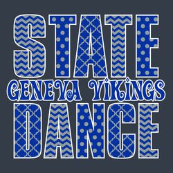 three color state dance t-shirt design.  State Dance large, stacked with pattern fills.  School and mascot name in the middle in decoration style font.