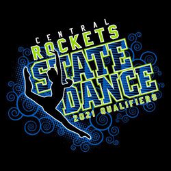 three color state dance t-shirt design.  lettering on upward angle with team name, mascot name, STATE, Dance, and qualifier info stacked against background swirls.  Dancer silhouette on left side.