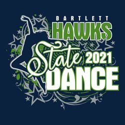 three color state dance t-shirt design. Dancer leaping into the air on the left side against background swirls and stars.  School info and State Dance stacked down the right side.