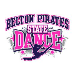 three color state dance t-shirt design with athletic block school and mascot name arched at the top of design.  State Dance stacked against stars and shaded background.  Dancer leaping at bottom.