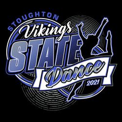 three color state dance t-shirt art. Distressed circles in the background. Large word STATE with line shading. Dance in ribbon below that.  Dancer leaping behind ribbon.