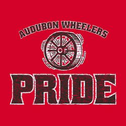 two color spirit wear design with circle text school and mascot name at top.  Large mascot below that.  Very large word "PRIDE" at the bottom.  All distressed.