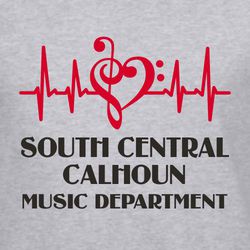 two color music t-shirt design with heartbeat electrocardiagram and heart formed with music symbols.  School information below.