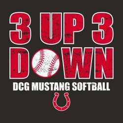 three color softball t-shirt design.  "3 Up 3 Down" in distressed lettering.  Softball is the "O" in down.   School and mascot name in block at below with mascot or logo at bottom.