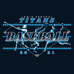 three color baseball t-shirt art.  Three players and lettering over basepath.  Large word baseball with tirangular shading over players.   Team info at top.