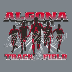 3 color mens track & field t-shirt art with 5 track runner silhouettes moving toward viewer down track lanes.  Script mascot name outline over runners.  School name at top, track & field at bottom.