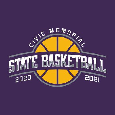 three color state basketball t-shirt design.  Basketball in background split by words 