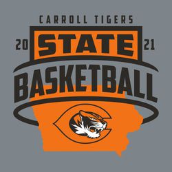 state basketball t-shirt design with Large words "State Basketball" stacked and framed with thick lines.  Lower line encircles shape of a state with mascot inside the state.  Team info and year at top