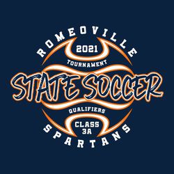 two color state soccer t-shirt design with new style soccer ball. State Soccer in large brush style font over center of ball.   Circle text school name and mascot name at top and bottom.