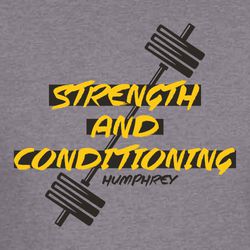 two color weightlifting t-shirt art with barbell on and angle.  "Strength and Conditioning" in brush style script framed by rectanges, placed over bar.