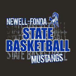 three color state basketball t-shirt design.  Large lettering STATE BASKETBALL stacked and over background of repeating words state basketball in distressed font.