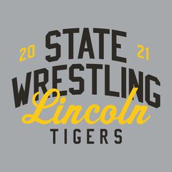 two color state wrestling t-shirt design.  STATE WRESTLING stacked and arched in block font.  School name in script below wrestling and mascot name in block lettering below that. Year split at top