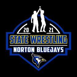 three color state wrestling t-shirt design.  Winning wrestler with hand raised at the top of art.  State wrestling stacked over shool and mascot name.  Mascot at bottom.