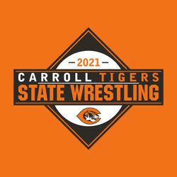 two color state wrestling design with matt in background.  year in top half of matt, mascott in bottom.  Rectangular frame over matt with team and mascot name on one line, large state wrestling below.