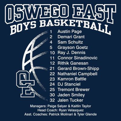 one color state basketball back print t-shirt design.  Faded baskeball on the left, roster on the right.  Arched schoo name at the top.  logo on ball. managers and coached at bottom.