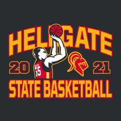 three color state basketball t-shirt design with male player shooting a basketball.  School name arched at the top, state basketball at the bottom.  Macot next to shooter and split year to each side.