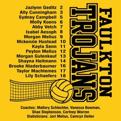 one color volleyball t-shirt design with roster on the left above volleyball and net.  Team and mascot name in large block letters down the right.  Coaches, etc. at the bottom.