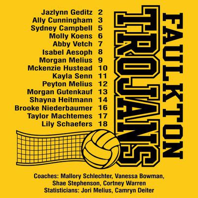 one color volleyball t-shirt design with roster on the left above volleyball and net.  Team and mascot name in large block letters down the right.  Coaches, etc. at the bottom.