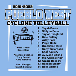 two color volleyball t-shirt design.  Team and mascot name in large block lettering at the top. Roster down right side.  Coached, etc under volleyball and net at the left.