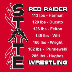 two color state wrestling roster t-shirt design.  Word state down the left side  with wrestlers creating the "A".  Roster to the right.  Mascot name above roster and word wrestling below.