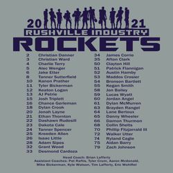 one color football t-shirt back print design with roster.  Eleven players as small silhouettes across the top over reversed team name and large mascot name.  Roster below.