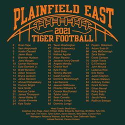 one color football t-shirt design with roster under half a football.  Arched shool name at top.
