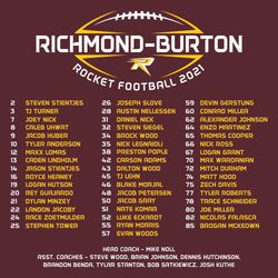 two color football t-shirt design with large roster below football outlines that frame the school name.  circle text mascot name and year below ball.