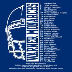 one color football t-shirt art with roster on the right side and half a football helmet on the left.  School and mascot name reversed in rectangle running vertically down design in the middle.