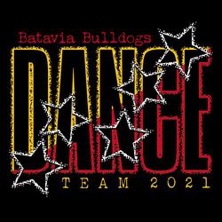 three color dance t-shirt design with large, two color word DANCE split diagonally.  Five White stars over DANCE.  Shaded, rough edges on art.  School name at top, dance team and year at bottom.