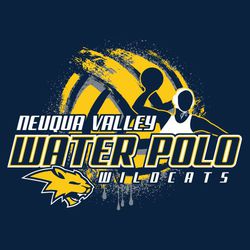 three color water polo t-shirt design with large ball in background.  Player throwing ball.  Team name over words "WATER POLO".  Mascot on lower left, mascot name on the right.