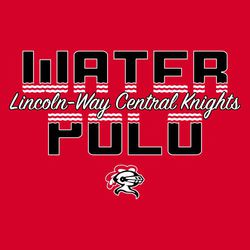 two color water polo t-shirt design.   Words "Water Polo" with waves forming letters.  Script school and mascot name down middle of design.  Mascot at the bottom of art.
