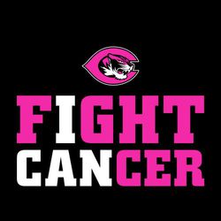 two color fight against cancer t-shirt design.  Small mascot or logo about FIGHT on one line and CANCER below it.  "I" in fight and "CAN" in cancer are contrasting color.