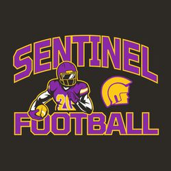 three color football t-shirt design with top half of player running over word football.  School names arched above and behind the player.  Mascot on the right next to player.