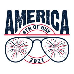 two color patriotic 4th of July t-shirt design.  America arched over circle with "4th of July" in circle text. Sunglasses with fireworks reflection in glasses.