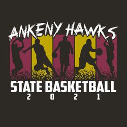 three color mens state basketball t-shirt design with 5 players against alternating color backgrounds.