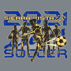 four color soccer t-shirt design.  Five female soccer players in fron of net.  Mascot name in script through players.  Center player is kicking a ball.