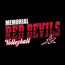 two color volleyball t-shirt design.  School name stacked over large mascot name with line through lettering.  Script Volleyball at bottom.  Mascot lower right.