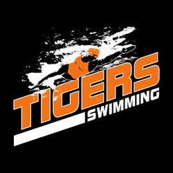two color swimming t-shirt stock art with swimmer doing freestyle over large mascot name set on a diagonal angle.  Rectangle and word swimming at the bottom.