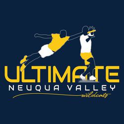 three color ultimate design with player catching disk and another reaching, trying to intercept it.  Large lettering "ULTIMATE" with smaller school name and script mascot name below it.